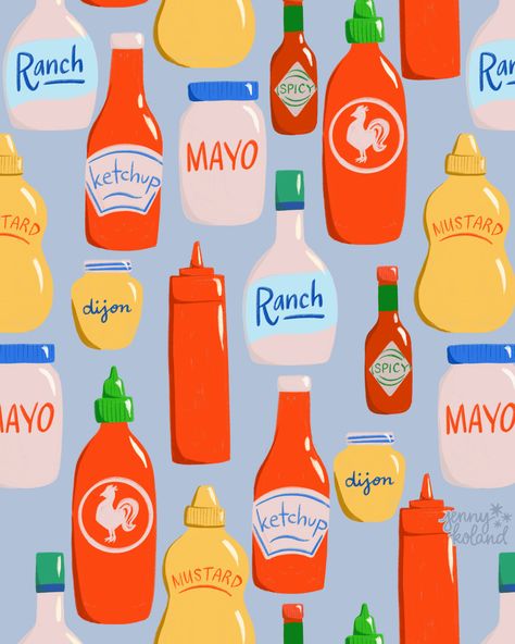 Here to celebrate the heavy lifters of summer picnics: condiments! Are you on team condiments or no? #surfacepatterndesign #foodpattern #picnicpattern #summerpattern #condiments #patterndesign #artlicensing #artforlicensing #foodillustration #packagingpattern Summer Picnics, Spicy Mayo, Food Patterns, Art Licensing, Summer Patterns, Summer Picnic, Food Illustrations, Surface Pattern Design, Loving U