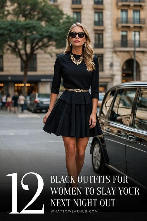 Amp up your night-out style with these black outfit ideas that blend classic elegance and bold vibes. Perfect for dinners, parties, and date nights, each outfit in this collection stands out in both style and sophistication. Make every night a memorable one in these sleek black ensembles. #GoingOutOutfits #NightOutStyle #ChicBlackFashion #DressyLooks #WomenInBlack Business Dinner Outfit Night Classy, Business Dinner Outfit Night, Evening Outfit Going Out, Business Dinner Outfit, Black Velvet Outfit, Elegant Dinner Outfit, Black Outfits For Women, Black Maxi Gown, Black Outfit Ideas