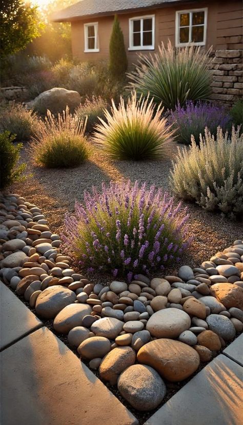 20+ Brilliant Xeriscape Gardening Ideas for a Stunning, Water-Wise Yard 35 Yard Erosion Landscaping Ideas, Front Yard Landscaping Xeriscape, Square Yard Landscaping Ideas, Beachy Landscaping Front Yard, California Drought Tolerant Front Yard, Simple Desert Landscaping Front Yards, Low Maintenance Yard Ideas, Simple Xeriscape Front Yard, Desert Yard Ideas