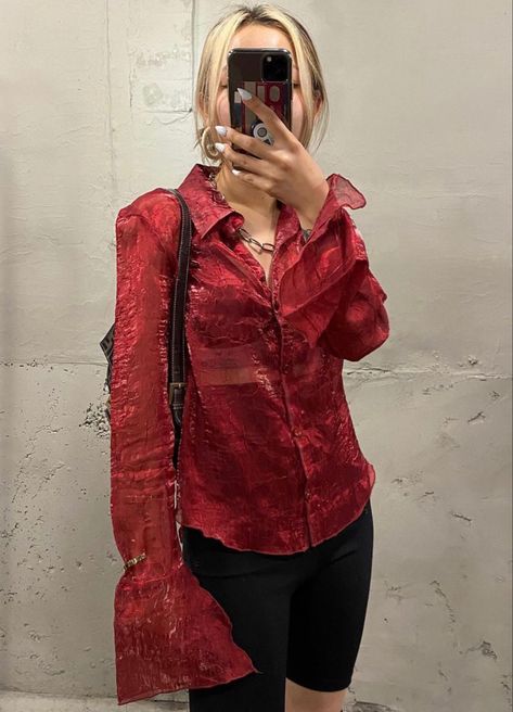 Red Satin Shirt Outfit Classy, Sheer Shawl Outfit, Red Lace Outfit Aesthetic, Red Lace Shirt Outfit, Red Button Up Shirt Outfit Aesthetic, Red Shirts Aesthetic, Cool Red Outfits, Red Button Up Outfit, Red Button Up