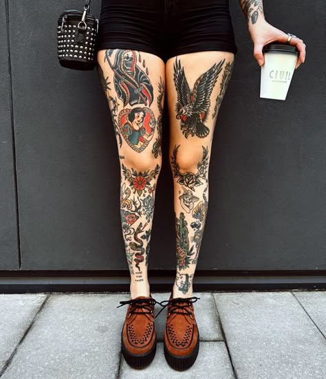 Traditional Leg Tattoos, Traditional Tattoo Woman, Trad Tattoos, Shin Tattoo, Traditional Tattoo Inspiration, Punk Tattoo, Full Tattoo, Traditional Style Tattoo, Alt Model