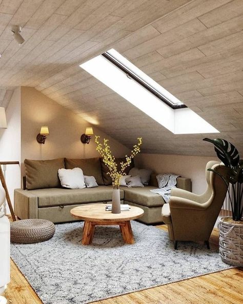 Attic Living Rooms, Attic Living Room, Attic Inspiration, Small Attic Room, Attic Bedroom Designs, Simple Living Room Decor, Attic House, Small Attic, Attic Design