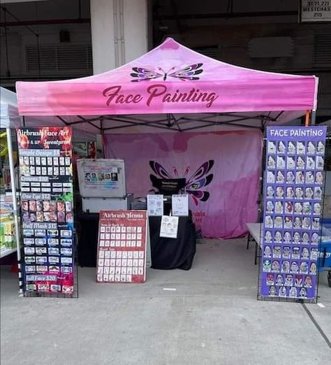 Face Paint Booth Ideas, Face Paint Booth Set Up, Clothing Booth, Clothing Booth Display, Glitter Bar, Painting Faces, Paint Organization, Airbrush Tattoo, Festival Glitter