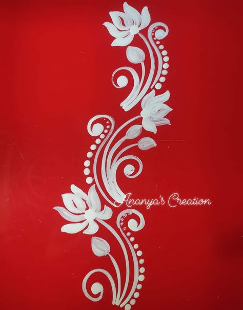 Alpona Design Border, Border Alpona, Line Alpona Design, Red Alpona Design, Alpona Design Red And White, Rangoli Side Designs, Alpona Design, Rangoli Patterns, Free Hand Rangoli Design