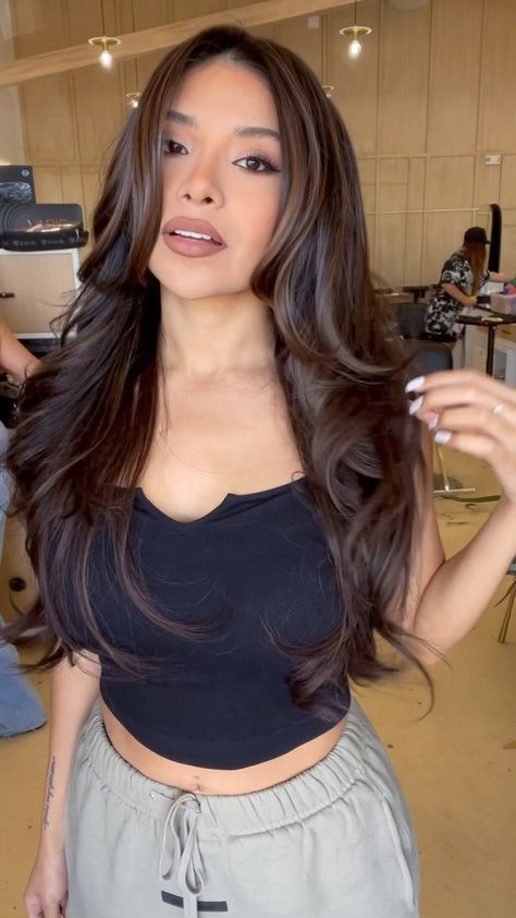 Chrissy Ellingson Rasmussen on Instagram: “She wanted to switch things up but wanted to stay brunette‼️ So we added @habithairx hand tied wefts in caramel brownie & brownie batter ‼️…” Brownie Batter Hair Color Dark, Brownie Batter Brunette Hair, Black To Brown Hair Before And After, Dark Brown Asian Hair, Brownie Batter Brunette, Brownie Hair Color, Dark Hair Trends, Caramel Brownie Hair, Brunette Hair Transformation