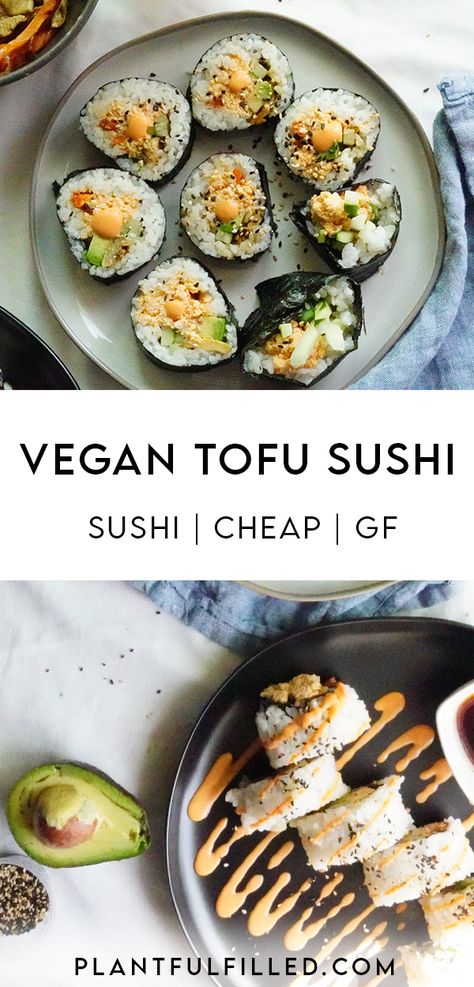 Vegan Spicy Mayo Sushi, Cheap Sushi Recipe, Tofu Sushi Recipes, Tofu Sushi Bake, Vegan Sushi Sauce, Vegan California Rolls, Vegan Sushi Recipe, Cheap Vegan Dinners, Hclf Recipes