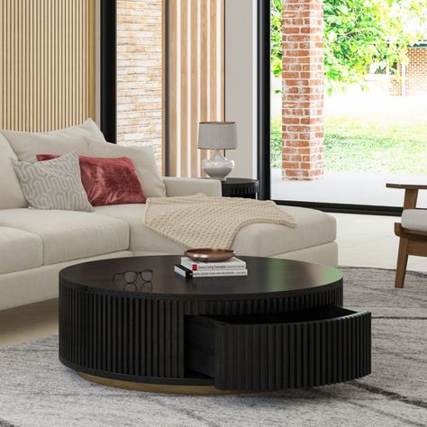 Things You Need to Know Before Buying Large Coffee Tables Fluted Round Coffee Table, Black Round Coffee Table With Storage, Round Modern Coffee Table, Finish Aesthetic, Black Wood Coffee Table, Large Round Coffee Table, Round Coffee Table With Storage, Fluted Coffee Table, Round Drum Coffee Table