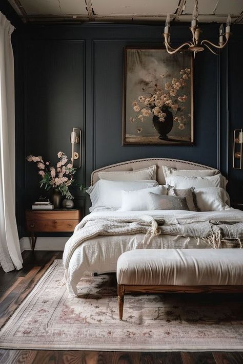 Dark Lux Bedroom, Modern Victorian Bedding, Antique Bedroom Decor Ideas, Jewel Tone Master Bedrooms Decor, Sultry Bedroom Ideas, Light Moody Bedroom, Black Paint Bedroom, Moody Teen Girl Bedroom, Moody Victorian Bedroom