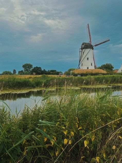 #windmill #flowers #river #biking #picnic #belgium #bruges #aesthetic Windmill Aesthetic, Belgium Bruges, Western Europe, Summer Break, Nature Aesthetic, Mood Boards, Genshin Impact, Belgium, Collage