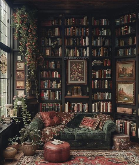 Dark Academia Small Apartment, Home Library Dark Academia, Dark Academia Reading Nook, Colleen Core, Room Decor Dark Green, Living Room Dark Academia, Dark Library Aesthetic, Dark Gray Sofa Living Room, Academia Living Room