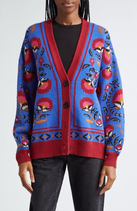 FARM Rio Palms Paradise Cardigan available at #Nordstrom Geometric Border, Cozy Cardigan, Border Print, Farm Rio, Vivid Color, Wool Yarn, Colorful Sweaters, Vivid Colors, Sweaters & Cardigans