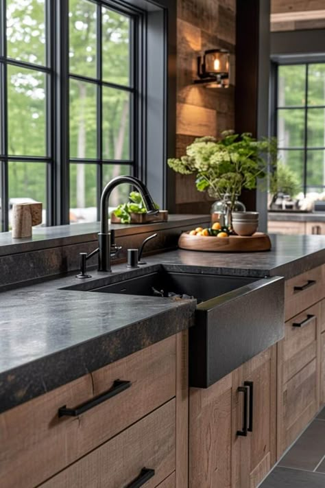 13 Black Granite Countertop Ideas That Will Change The Way You See Your Kitchen Forever! | DIY Vibes Closed Kitchen And Dining Room, Black Counter Wood Cabinets Kitchen, Timeless Kitchen Wood Cabinets, Wood Cabinets Black Counter, Wood Cabinets With Dark Countertops, Slate Countertop Kitchen, Rustic Galley Kitchen, White Rustic Kitchen, Black And Cream Kitchen