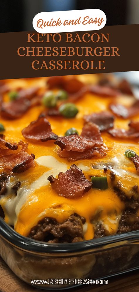 A delicious Keto Bacon Cheeseburger Casserole made from ground beef, crispy bacon, and melted cheese. This pin showcases a satisfying low carb meal perfect for keto diets. Carnivore Bacon Cheeseburger Soup, Low Carb Bacon Cheeseburger Casserole, Cheeseburger Meatballs, Keto Bacon Cheeseburger, Cheeseburger Casserole Recipe, Bacon Cheeseburger Casserole, Keto Bacon, Cheeseburger Casserole, Low Carb Veggies