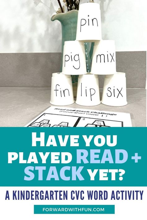 paper cups stacked in a 3, 2, 1 pyramid shape. each cup has cvc word with short vowel i sound Phoneme Activities, Reading Group Activities Kindergarten, Fun Centers For Kindergarten, Classroom Games Kindergarten, Ela Games Kindergarten, Beginning Phonics, Learning Cvc Words, Cvc Decoding Activities, Cvc Intervention Activities