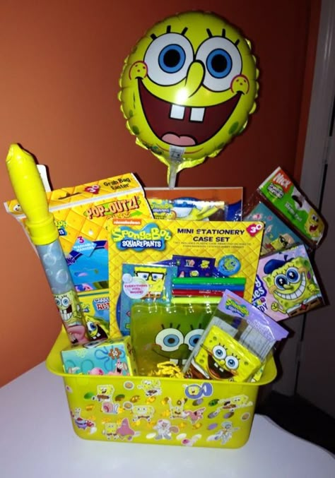 Sponge Bob Easter Basket made by me Spongebob Easter Basket Ideas, Spongebob Gift Basket, Spongebob Gifts, Spongebob Merch, Spongebob Things, Spongebob Funny Pictures, Spongebob Birthday Party, Cute Disney Characters, Gravity Cake