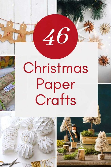 christmas paper ornaments, trees and garlands with text overlay Christmas Paper Crafts For Adults, Elegant Christmas Crafts For Adults, Christmas Wrapping Paper Crafts, Paper Craft Ideas For Adults, Beautiful Christmas Crafts, Diy Christmas Craft Ideas, Stock Paper Crafts, Diy Fall Wreath Ideas, Diy Christmas Paper