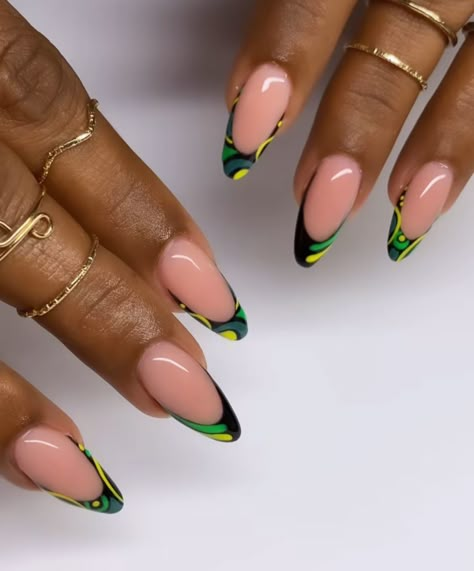 Jamaica Inspired Nails, Jamaica Nail Designs, Jamaican Nails, Vacation Nails Black Women, Spicy Nails, Jamaica Nails, Jamaica Trip, Nails Bling, French Manicure Nails