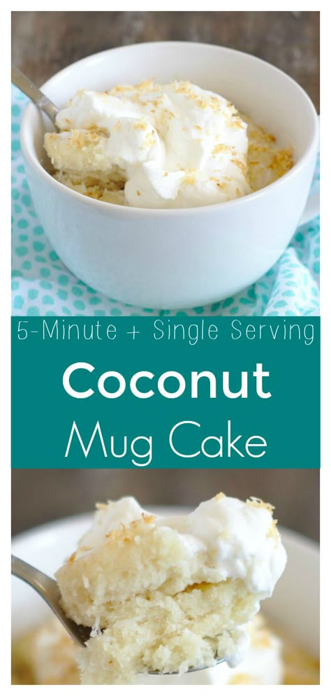 Coconut Mug Cake – A delicious coconut cake in a mug in less than 5 minutes. This is the perfect single serving dessert for coconut fans! Cake in a mug | Mug Cake | Coconut Cake #coconut #recipe #dessert #dessertrecipe #easyrecipe #mugcake #cake 123 Cake In A Mug, Mug Cake Coconut, Coconut Mug Cake, Cakes Coconut, Mug Dessert Recipes, Mug Dessert, Microwave Mug Recipes, Coconut Recipe, Mug Desserts