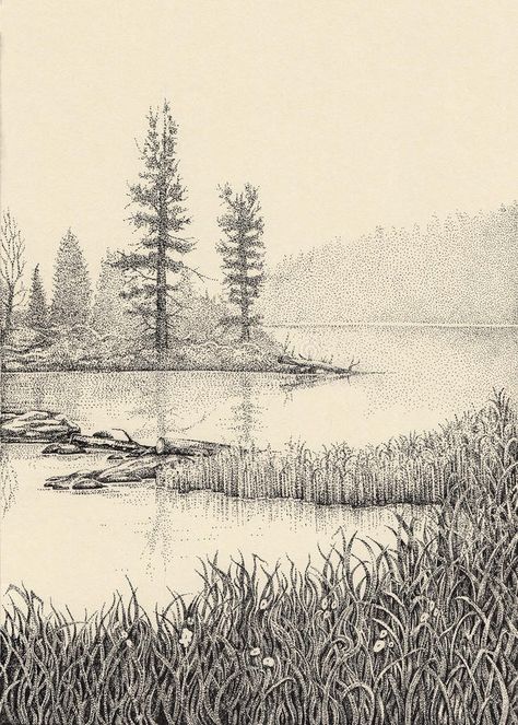 Dotwork Drawing, Landscape Pencil Drawings, Pencil Drawings Of Animals, Landscape Sketch, Morning Mist, Foggy Morning, Wood Burning Art, Nature Drawing, Landscape Drawings