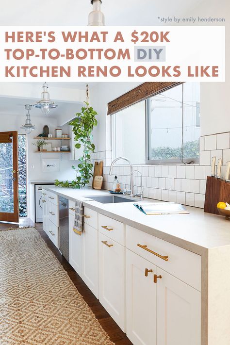 Here's What a $20k Top-to-Bottom DIY Kitchen Reno Looks Like - Emily Henderson #DIY #kitchenreno #home Waterfall Countertop, Long Kitchen, Galley Kitchens, Instagram Kitchen, Subway Tile Kitchen, Kitchen Renovations, Big Kitchen, Classic Kitchen, Emily Henderson