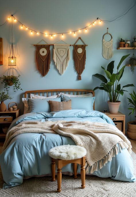 Light Blue Boho Bedroom Bedroom Ideas Sky Blue, Light Blue Rustic Bedroom, Light Blue Boho Bedroom, Blue Boho Bedroom Ideas, Blue Boho Bedroom, Light Blue Bedding, Light Blue Walls, Boho Bedroom Ideas, Bedroom Tips