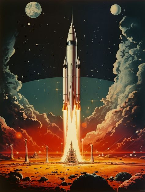 Rocket Ship Art, Rocket Painting, Spaceship Painting, Space Rocket Launch, Nasa Art, Rocket Art, Retro Style Posters, Rocket Launch, Ship Poster