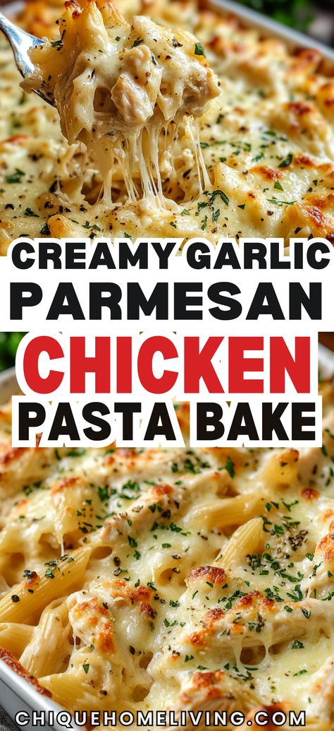 Hey Besties! If you’re looking for the ultimate comfort food that’s creamy, cheesy, and downright irresistible, look no further! This Garlic Parmesan Chicken Pasta Bake is a one-dish wonder that’s perfect for cozy nights and to impress your family. Yummy Easy Dinners To Make, Chicken And Pasta Dishes Easy, Creamy Pasta Dishes Recipes, Chicken And Pasta Casseroles, Pasta Casserole With Chicken, Shredded Chicken And Pasta Recipes Easy, Quick And Easy Chicken Pasta Recipes, Cheap Chicken Pasta Recipes, Parmesan Chicken Pasta Bake