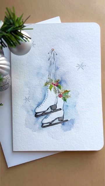 Seema on Instagram: "Another winter element - ice skates Watercolors 52 set @paulrubensart Brushes @goldenmapleart Watercolor Card @funtoart #traceswithpalacios hosted by Tracy @tracesofwater & Lea @palacios.paints And #holidayhappinessseries hosted by Sharon @simplyartfulcottage #reelsinstagram #reels #reelsvideo #goldenmapleart #artistsoninstagram #watercolorpainting #watercolorillustration #watercolorartist #holidayhappinessseries #watercolor_painting #paintingoftheday #paintingprocess #arttutorialsforbeginners #loosewatercolor #funtoart #iceskates #holidayseason" Ice Skating Watercolor, Watercolor Sled, Painted Ice Skates, Ice Skate Christmas, Ice Skate Drawing, Christmas Skating, Christmas Ice Skates, Paint Inspo, Ice Skating Rink