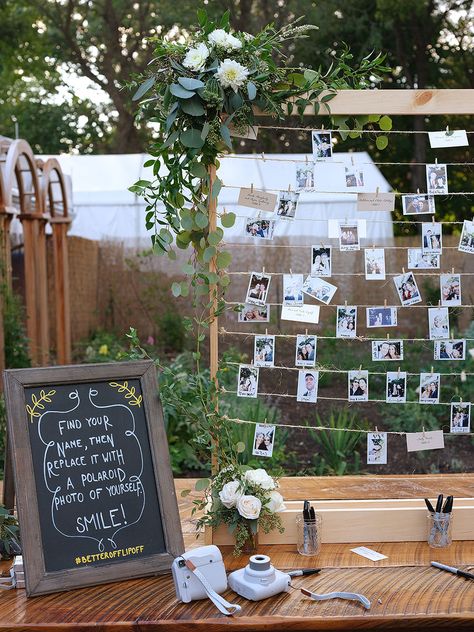 Polaroid Pictures Party Ideas, Polaroid Frame Wedding Diy, Polaroid Hanging Ideas Wedding, Polaroid Stand Wedding, Pictures Wedding Display At Reception, Engagement Party Polaroid, Polaroid Display Wedding, Polaroid Seating Chart Wedding, Wedding Poloroid Pictures