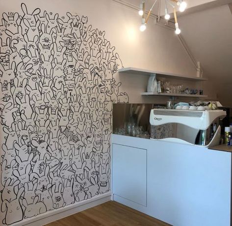 Bunny mural by Stephanie Raphaela Ho at Acoustic Cafe Bunny Mural, Bunny Pet, Bunny Stuff, Pet Hotel, Animal Mural, Small Cafe, Custom Wall Decor, Minimal Wall Art, Furniture Art