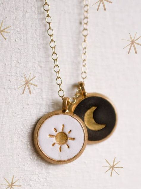 Sun and moon necklace astrology pendant Celestial Jewelry Sun And Moon Necklace, Gold Moon Necklace, Handmade Clay Jewelry, Crescent Necklace, Moon Gifts, Ceramic Necklace, Handmade Jewelry Tutorials, Jewelry Bridesmaid, Clay Jewelry Diy