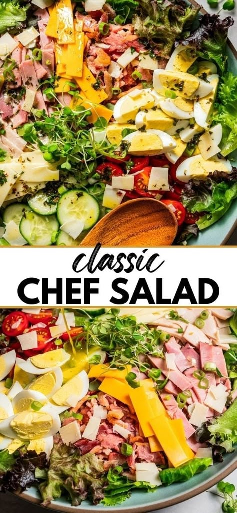 The ultimate chef salad recipe made with classic ingredients like fresh greens, meats, cheese, and eggs. An easy, healthy lunch or dinner! Healthy Chef Salad Recipes, Chef's Salad Recipes, Salad Recipes Garden, Salad With Lunch Meat, Keto Chef Salad Recipes, Chef Salad Dressing Recipes, Classic Green Salad, Best Chef Salad Recipes, Cold Salads For Dinner