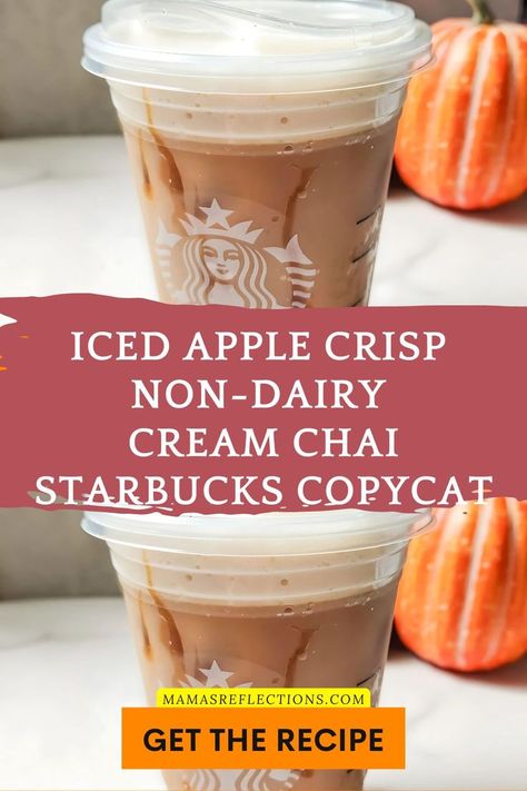 Make this copycat Iced Apple Crisp Chai at home with nondairy cream. All the fall flavors you love, without leaving the house or the dairy! also sharing ideas for Iced Apple Crisp Chai Recipe, Nondairy Apple Crisp Chai, Starbucks Copycat Chai Recipe, Dairy-Free Apple Crisp Chai, Apple Crisp Chai Tea Latte, Homemade Apple Crisp Chai, Starbucks Apple Crisp Copycat, Iced Nondairy Chai Drink, Easy Apple Crisp Chai Recipe, Apple Crisp Chai Tea Easy Baked Sweets, Chai Starbucks, Low Cal Starbucks Drinks, Copycat Starbucks Drinks, Pumpkin Cream Cold Brew, Homemade Apple Crisp, Apple Chai, Recipe Copycat, Cream Cold Brew