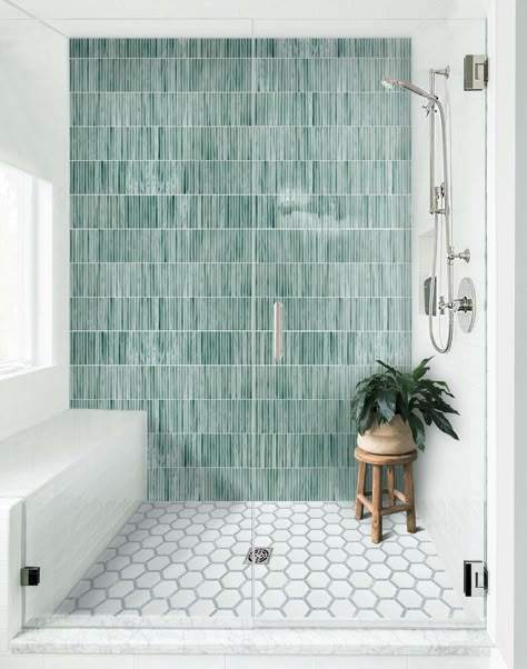 Laguna Stack Glass Mosaic | Floor and Decor Bathroom Tile Mid Century Modern, Large Format Tile Bathtub Surround, Shower With Stripe Of Tile, Tub With Large Tile Walls, Beach Bathroom Tile, Colorful Bathroom Shower Tile, Trending Bathroom Tile Ideas, Bathroom Ideas Mosaic, Sea Glass Shower Tile