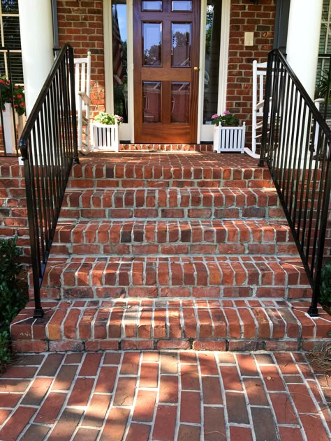 Create a traditional American entrance to your brick home with a classic brick stairway. Brick Stairs, Traditional Brick Home, Exterior Handrail, Brick Porch, Front Porch Railings, Patio Stairs, Front Porch Steps, Brick Projects, Brick Steps