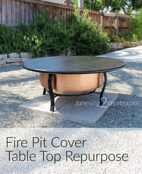 Great DIY fire pit cover using a repurposed table top. Takes just minutes to… Fire Pit Cover Ideas Diy, Fire Pit Cover Ideas, Diy Fire Pit Cover, Fire Pit Topper, Fire Pit Covers, Fire Pit Base, Fire Pit Top, Fire Pit Table Cover, Repurposed Table