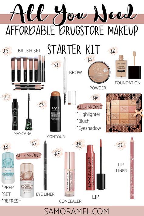 All you need drugstore beauty starter kit! Rosa Make-up, Beginner Makeup Kit, Make Up Kits, Drugstore Makeup Tutorial, Makeup Starter Kit, Blonde Balayage Highlights, Makeup Order, Budget Beauty, Theatrical Makeup