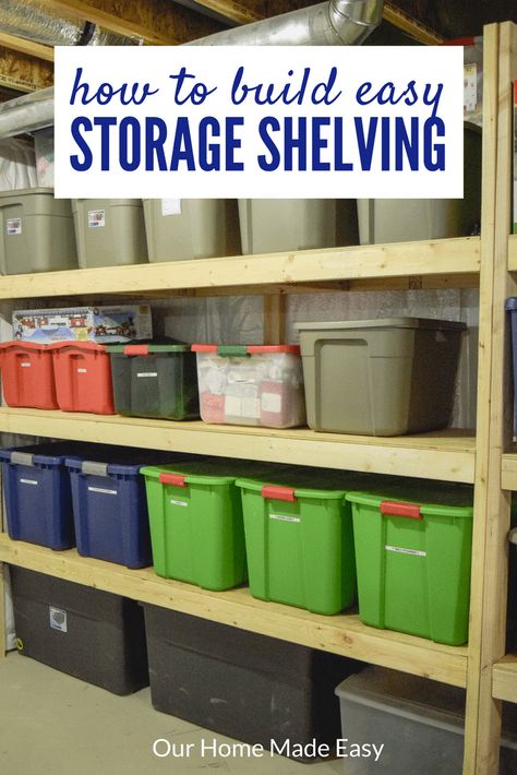 Organize your totes with this DIY storage shelving! And make them for a budget price. Click to see the tutorial for building your own tote shelves! Diy Shed Shelving, Shelf For Storage Bins, Storage Shelf For Totes, Laundry Shelves Diy, Diy Basement Shelves, Diy Tote Storage Rack Plans, Storage Bin Shelves Diy, Storage Tote Shelves, Diy Storage Bin Shelves