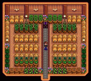 Stardew Valley Shed Ideas Kegs, Shed Designs Stardew Valley, Stardew Valley Preserve Jar Shed, Stardew Valley Wine Shed, Pale Ale Stardew Valley, Stardew Wine Shed, Stardew Valley Shed Layout Kegs, Stardew Crop Layout, Stardew Valley Keg Shed Layout