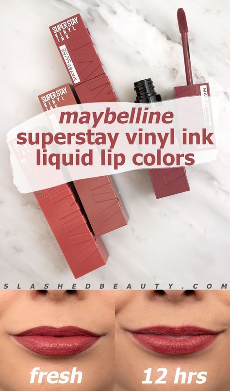 Review of Maybelline Superstay Vinyl Ink Liquid Lipsticks: see a before & after 12 hours of wear. These long lasting glossy drugstore lipsticks are must-haves! | Slashed Beauty Maybelline Superstay Vinyl Ink, Best Drugstore Lipstick, Best Long Lasting Lipstick, Drugstore Lipgloss, Drugstore Lipstick, Essence Makeup, Maybelline Superstay, Long Lasting Lip Color, Budget Beauty