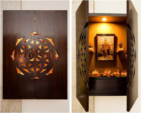 Wooden Pooja Mandir Designs, Pooja Mandir Designs, Pooja Cabinet, Office Mandir, Shrine Room, Temple Ideas, Mandir Designs, Small Room Interior, Mandir Design