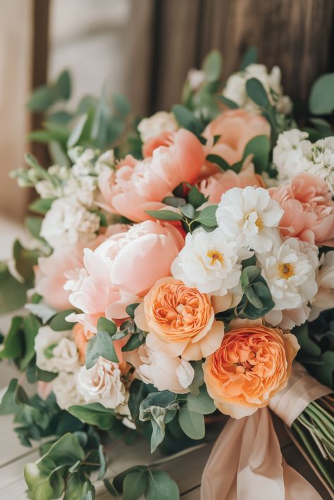 Peach and Cream Peony Bouquet for a Romantic Rustic Wedding! Peonies And Sunflowers Bouquet, Peach Colored Flowers, May Wedding Bouquet, Tulip Wedding Flowers, Bridal Bouquet With Eucalyptus, Cream Peony Bouquet, Wedding Bouquet Peonies, Wedding Bouquet Eucalyptus, Orange Peonies