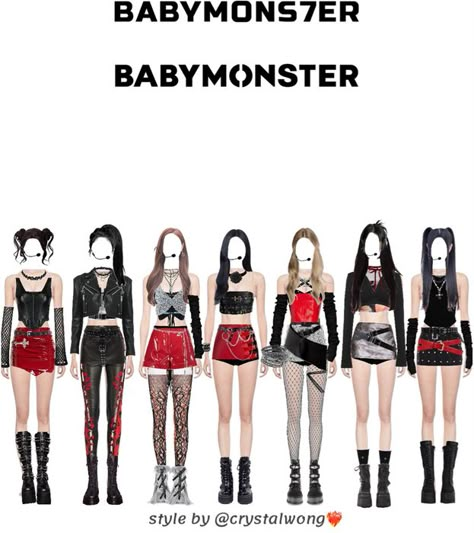 Red Black Stage Outfit, Kpop 7 Members Outfit, Monster Outfit, Space Buns Hair, Concert Clothes, Friends Clothing, Kpop Fits, Red Choker, Velvet Choker Necklaces