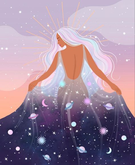 Katja Perez Art, Galaxy Illustration, Galaxy Dress, Witchy Wallpaper, Celestial Art, Advertise Your Business, Goddess Art, Dreamy Art, Spiritual Art