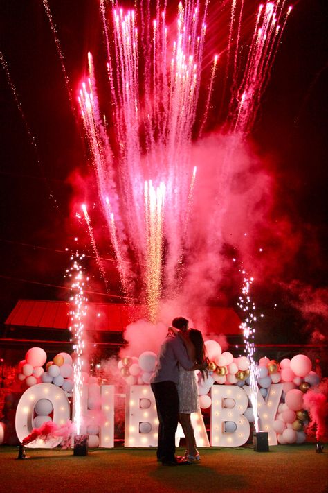 Gender reveal Night Time Gender Reveal, New Years Eve Gender Reveal Ideas, Gender Reveal Theme For Twins, Beautiful Gender Reveal, Gender Reveal With Fireworks, Gender Reveal Suprise Ideas, Night Gender Reveal Ideas, Gender Reveal With Lights, Extravagant Gender Reveal Ideas