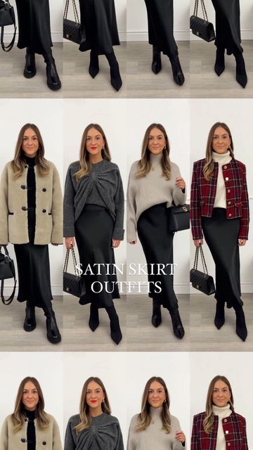 Stacie Elsmore on Instagram: "Satin skirt styling, part 2. 🖤 Which look is your favourite? I wanted to include some outfits that would be good for over the festive period & Christmas Day, whether you want to be dressy or just the smarter side of casual 🥰 You can shop all of my outfits on my Shop.ltk- the link is in my bio ✨" Christmas Party Outfits Satin Skirt, Christmas Satin Skirt Outfit, Silk Skirt Christmas Outfit, Satin Skirt Christmas Outfit, Black Satin Skirt Outfit Winter, Satin Skirt Outfit Winter, Black Satin Skirt Outfit, Dresses Everyday, Skirt Styling