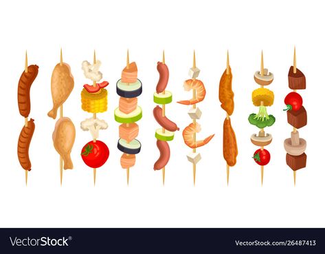 Skewer Illustration, Skewer Chicken, Corn Vector, Food Skewers, Sign Lettering, Recipe Book Design, Meat Skewers, Shish Kebab, Bbq Skewers