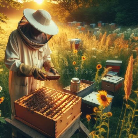 Beekeeper tending to bees amidst sunflowers, with hives in a golden-lit field. royalty free stock photo Beekeeping Aesthetic, Bee Farming, Bee Farm, Bee Keeper, No Game No Life, Golden Lights, Urban Planning, Bee Keeping, Ecosystem