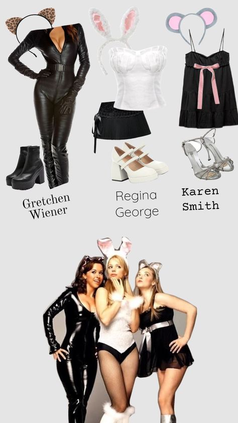 #meangirls #reginageorge #gretchenweiners #karensmith #costumeideas Regina And Gretchen Costume, Basic Costumes Halloween, Gretchen Wieners Halloween Costume, Gretchen Weiners Outfit Halloween, Regina George And Gretchen Weiners, Regina George Halloween Costume Bunny, Regina Gorge Outfits Halloween, Non Basic Trio Halloween Costumes, Regina George Bunny Costume