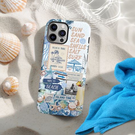 *Beach themed cute summer collage phone case in a blue & beige color. Featuring Palm Trees giving you the feeling of tranquility as you visit the beach. Relax in the umbrella chair with a refreshing Pina Colada while experiencing sun, sand and boats sailing by. Need a iPhone Magsafe Case? Order here... https://wackytamdesigns.etsy.com/listing/1744850517/collage-phone-case-aesthetic-summer 𝐀𝐁𝐎𝐔𝐓 𝐓𝐇𝐄 𝐂𝐀𝐒𝐄 *Outer polycarbonate shell and inner black TPU lining *Durable, flexible, impact-resistant *Available in a matte or glossy finish * Your print wraps fully on the exterior surface. * Dual layer case for extra durability and protection *No unnecessary bulk *Super easy to put on and take off *Precisely aligned port openings *Blank product sourced from Korea 𝐌𝐀𝐓𝐄𝐑𝐈𝐀𝐋𝐒 *Mate Etsy Phone Cases, Phone Cases Iphone 11 Pro, Beach Phone Cases, Phone Case Inspiration, Tropical Collage, Phone Case Collage, Umbrella Chair, Beach Phone Case, Summer Collage